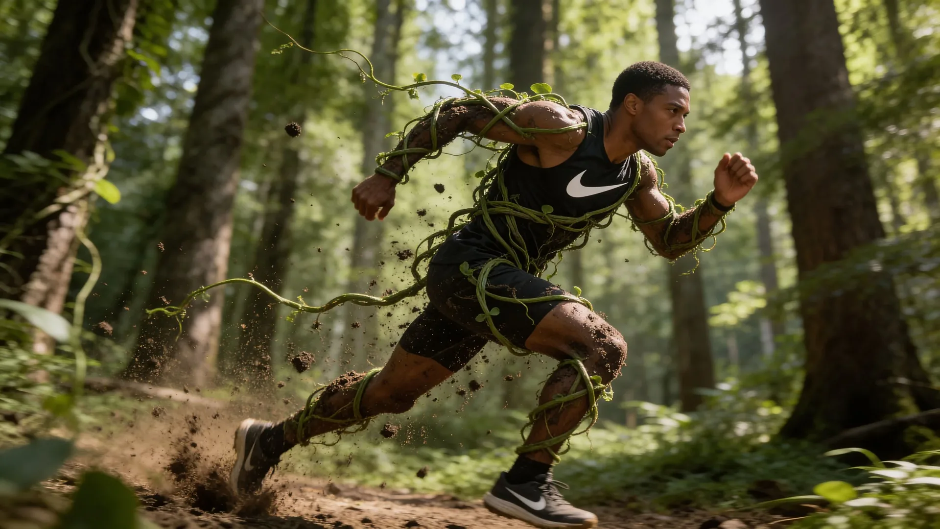 A runner breaking through undergrowth, vines trailing from his arms.